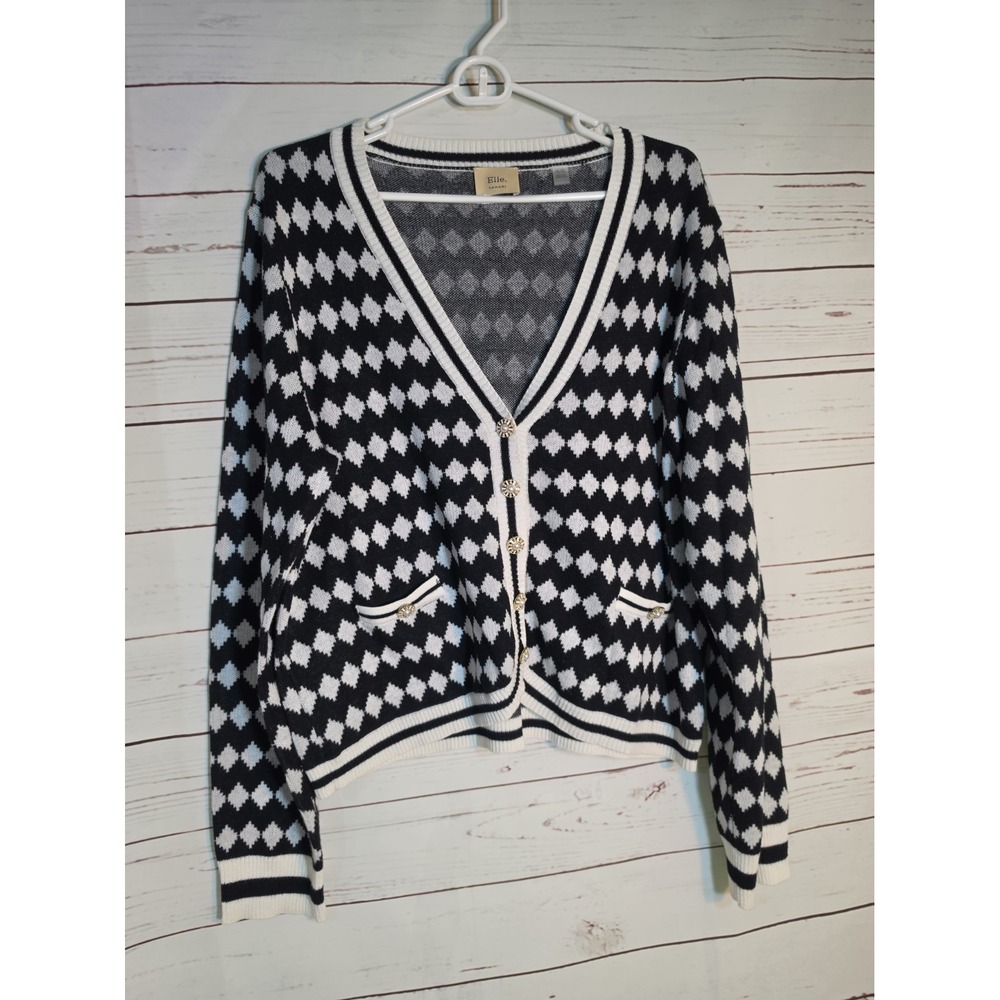 Elie Tahari Argyle Long Sleeve Cardigan Sweater Size XL